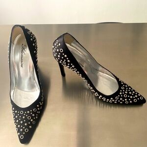 BLUMARINE SHOES, Black satins with rivets, size 37.5 (7.5), new in box, heel 4”